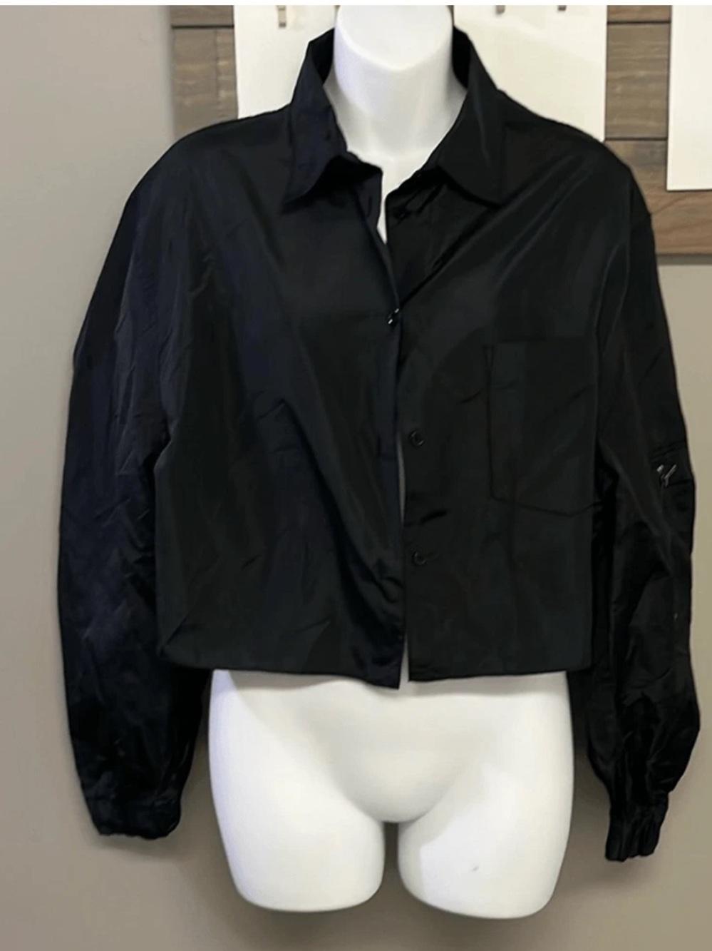 Zara Black Cropped Bomber Button Jacket